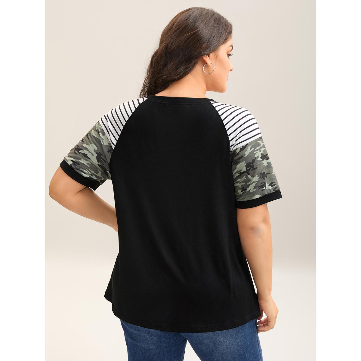 Plus Size Striped Camouflage Print Round Neck T-Shirt Black Women Contrast Round Neck Everyday-Casual T-shirts BloomChic 28/5X Product Image