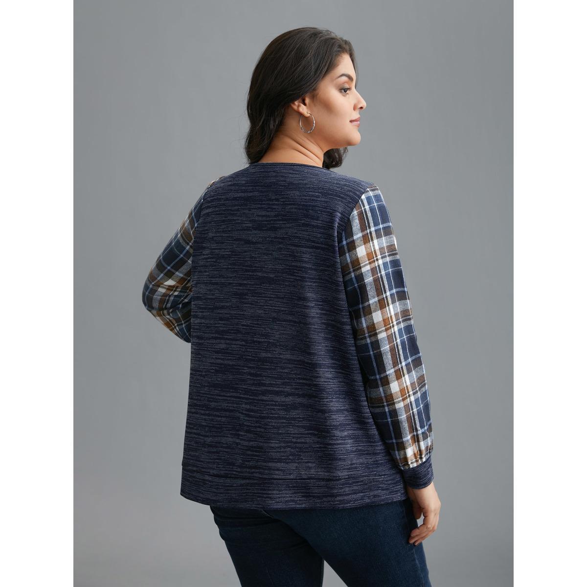 Plus Size Plaid Sleeve Button Up Patchwork Sweatshirt Women Indigo Casual Contrast Notched collar Everyday Sweatshirts BloomChic 14-16/1X Product Image