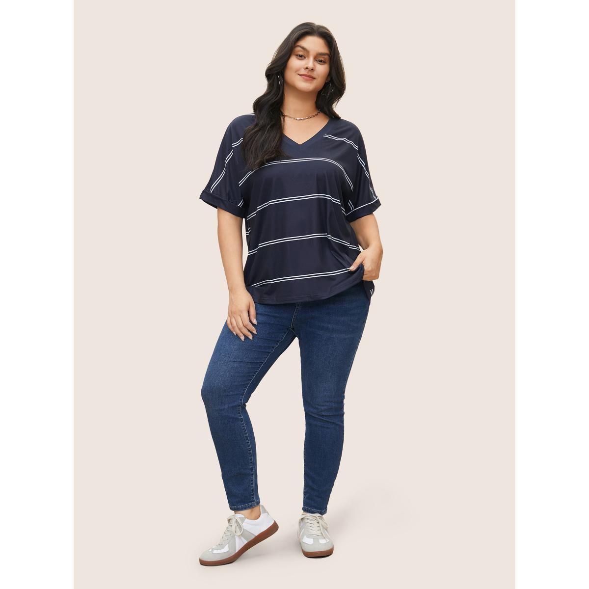 Plus Size Striped Contrast Dolman Sleeve T-shirt Navy Women Casual Striped V-neck Everyday T-shirts BloomChic 14-16/1X Product Image