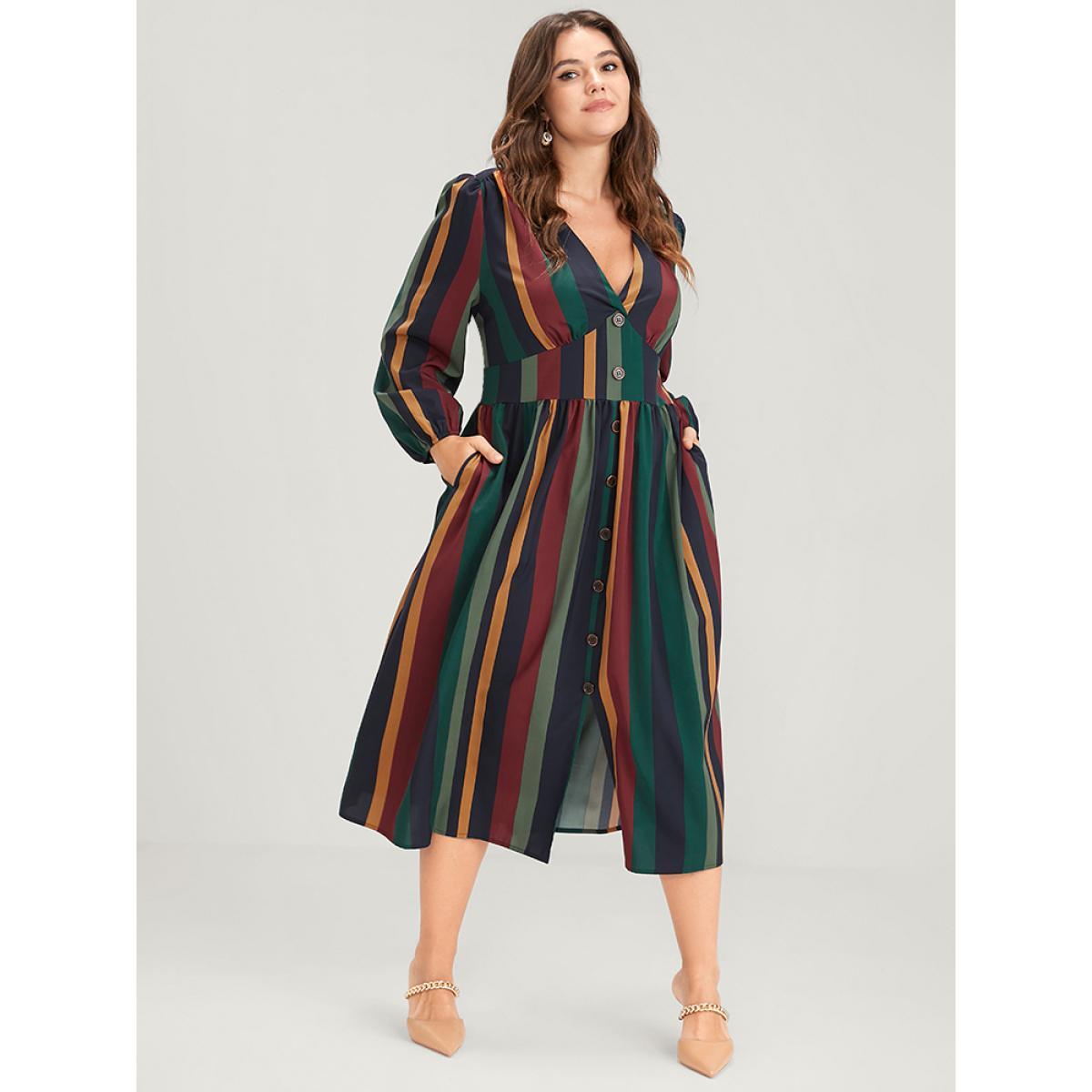 Plus Size Striped Lantern Sleeve Pocket Button Front Midi Dress Multicolor Women Vacation Printed V-neck Long Sleeve Curvy Midi Dress BloomChic 14-16/1X Product Image