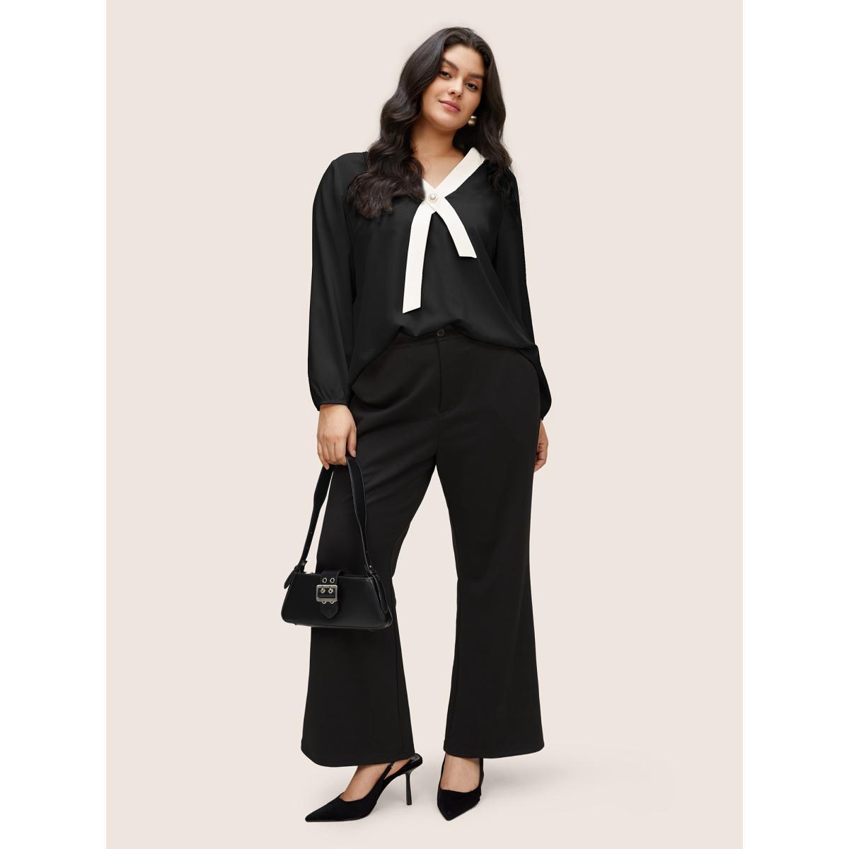 Plus Size Black Contrast Pearl Decor Tie Decoration Blouse Women At the Office Long Sleeve V-neck Work Blouses BloomChic 28/5X Product Image