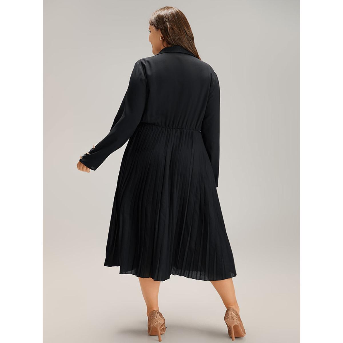 Plus Size Solid Shirt Collar Pleated Metal Detail Dress Black Women Office Plain Shirt collar Long Sleeve Curvy Midi Dress BloomChic 12/L Product Image