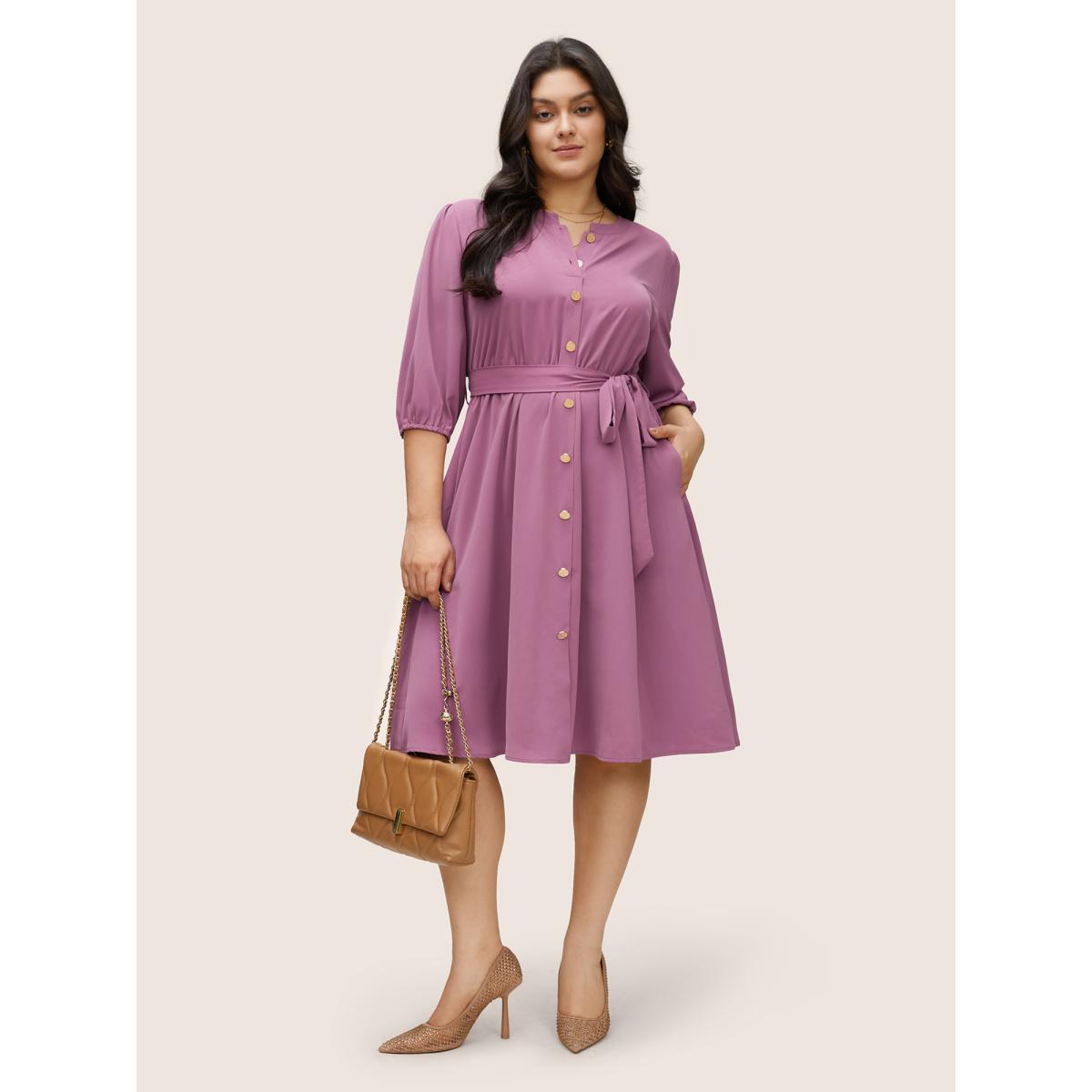 Plus Size Notched Button Through Elastic Waist Belted Dress Mauve Women At the Office Non Notched collar Elbow-length sleeve Curvy Midi Dress BloomChic 30/6X Product Image