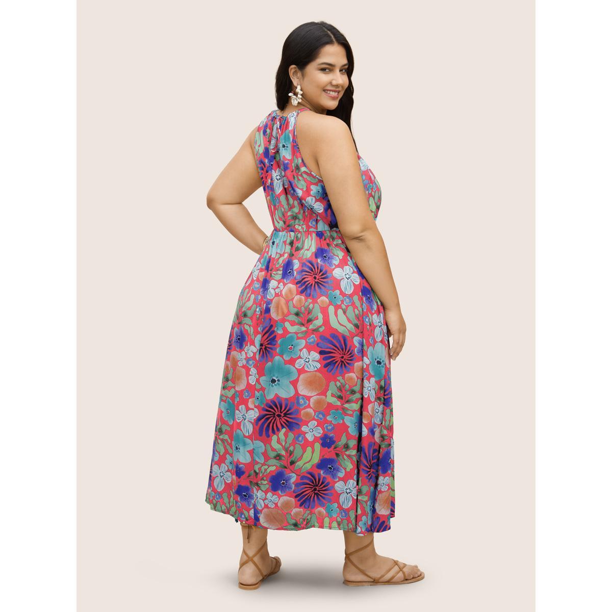 Plus Size Floral Printed Patchwork Side Seam Pocket Dress Brightred Women Resort Gathered Non Sleeveless Curvy BloomChic 28/5X Product Image
