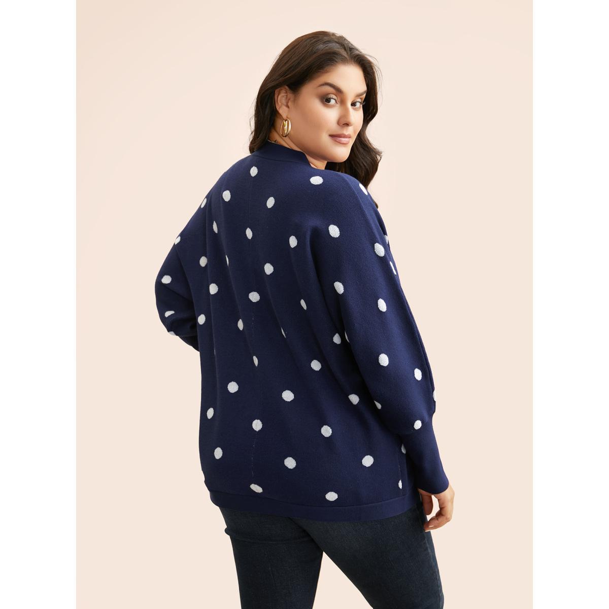 Plus Size Polka Dot Curved Hem Dolman Sleeve Cardigan Indigo Women Casual Loose Long Sleeve Everyday Cardigans BloomChic 30/6X Product Image