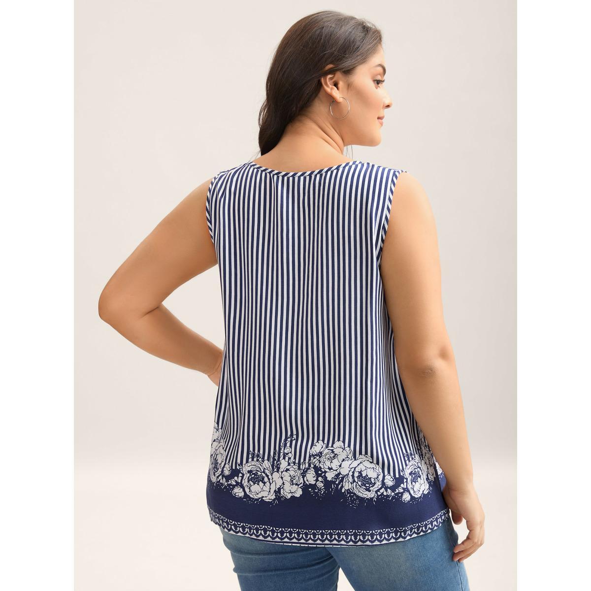 Plus Size Rayon Floral Hem Tank Top Women DarkBlue Contrast V-neck Vacation Tank Tops Camis BloomChic 18-20/2X Product Image