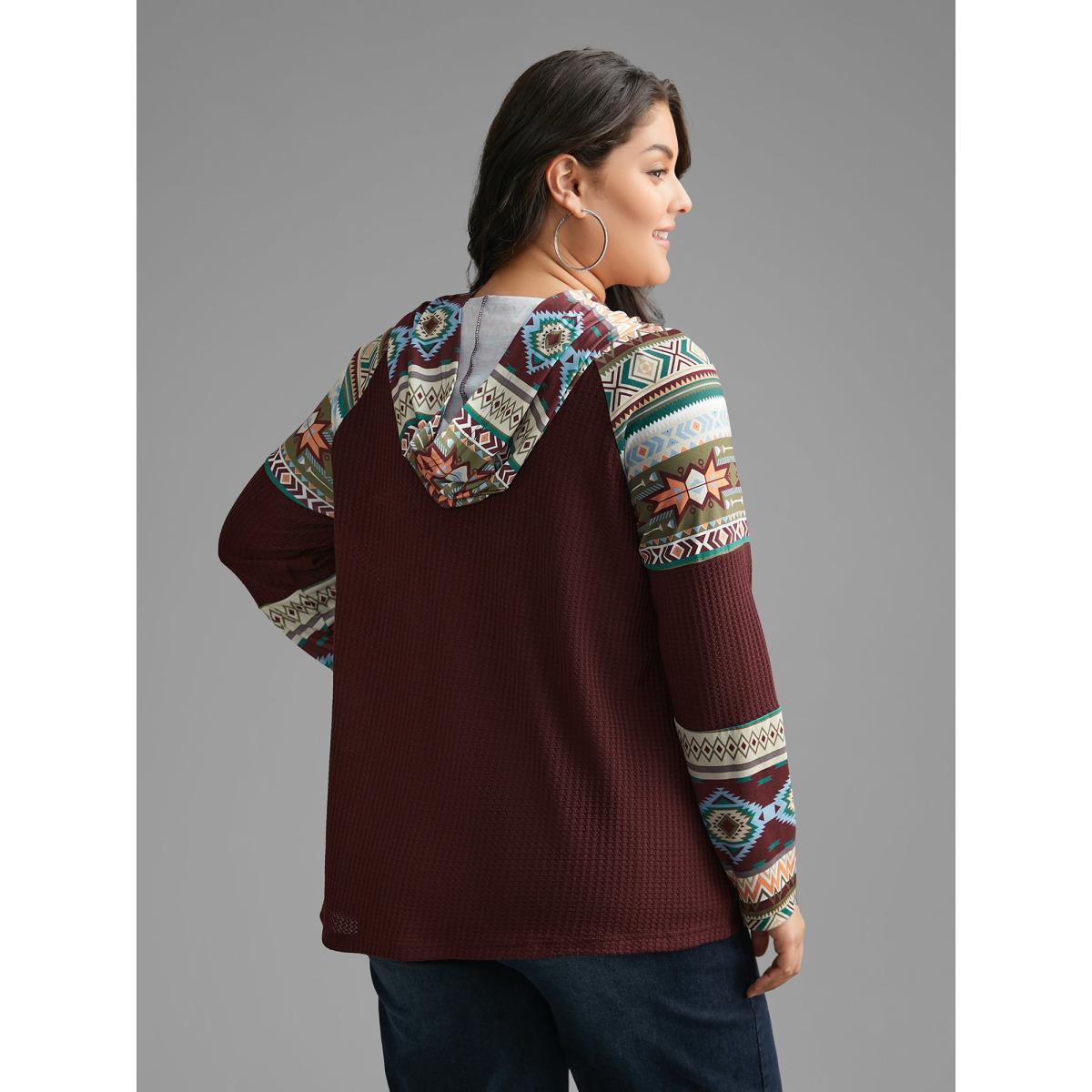 Plus Size Bandana Print Texture Patchwork Hooded T-shirt Plum Women Casual Texture Hooded Everyday T-shirts BloomChic 22-24/3X Product Image