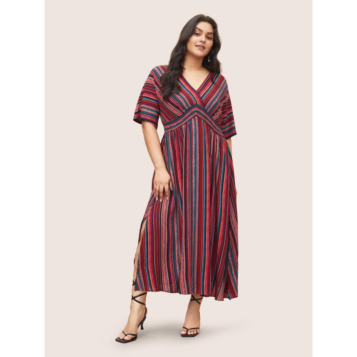 Plus Size Striped Contrast Dolman Sleeve Shirred Pocket Split Flutter Dress Red Women Resort Non V-neck Half Sleeve Curvy BloomChic 30/6X Product Image