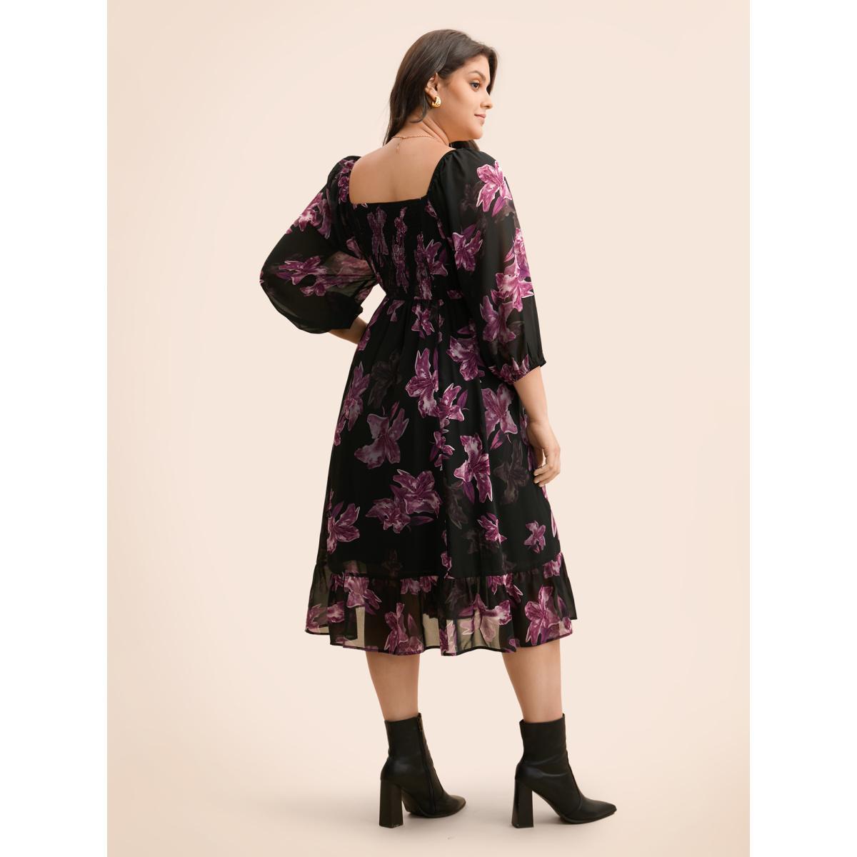 Plus Size Floral Patchwork Ruffle Hem Mesh Dress BlackFlower Women Elegant See through Square Neck Elbow-length sleeve Curvy BloomChic 12/L Product Image