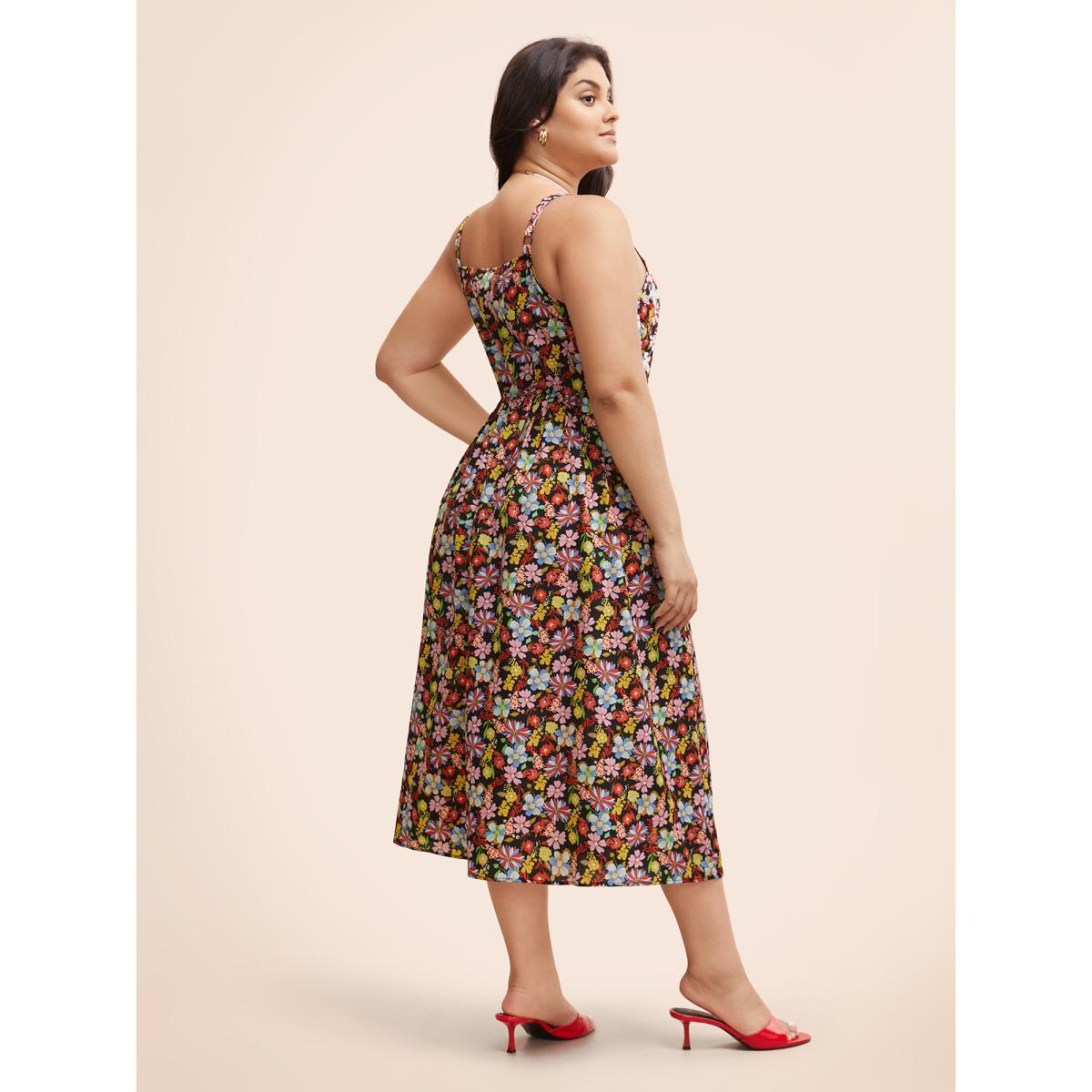 Plus Size Ditsy Floral Elastic Waist Cami Dress Multicolor Women Elegant Gathered Round Neck Sleeveless Curvy BloomChic 10/M Product Image