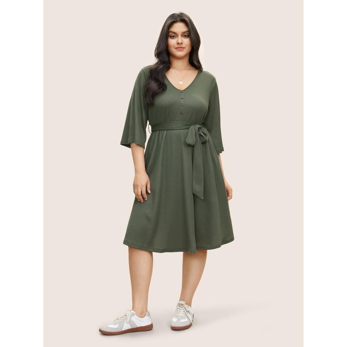 Plus Size Solid Waffle Knit Button Detail Belted Dress Sage Women Casual Belted V-neck Long Sleeve Curvy Midi Dress BloomChic 18-20/2X Product Image