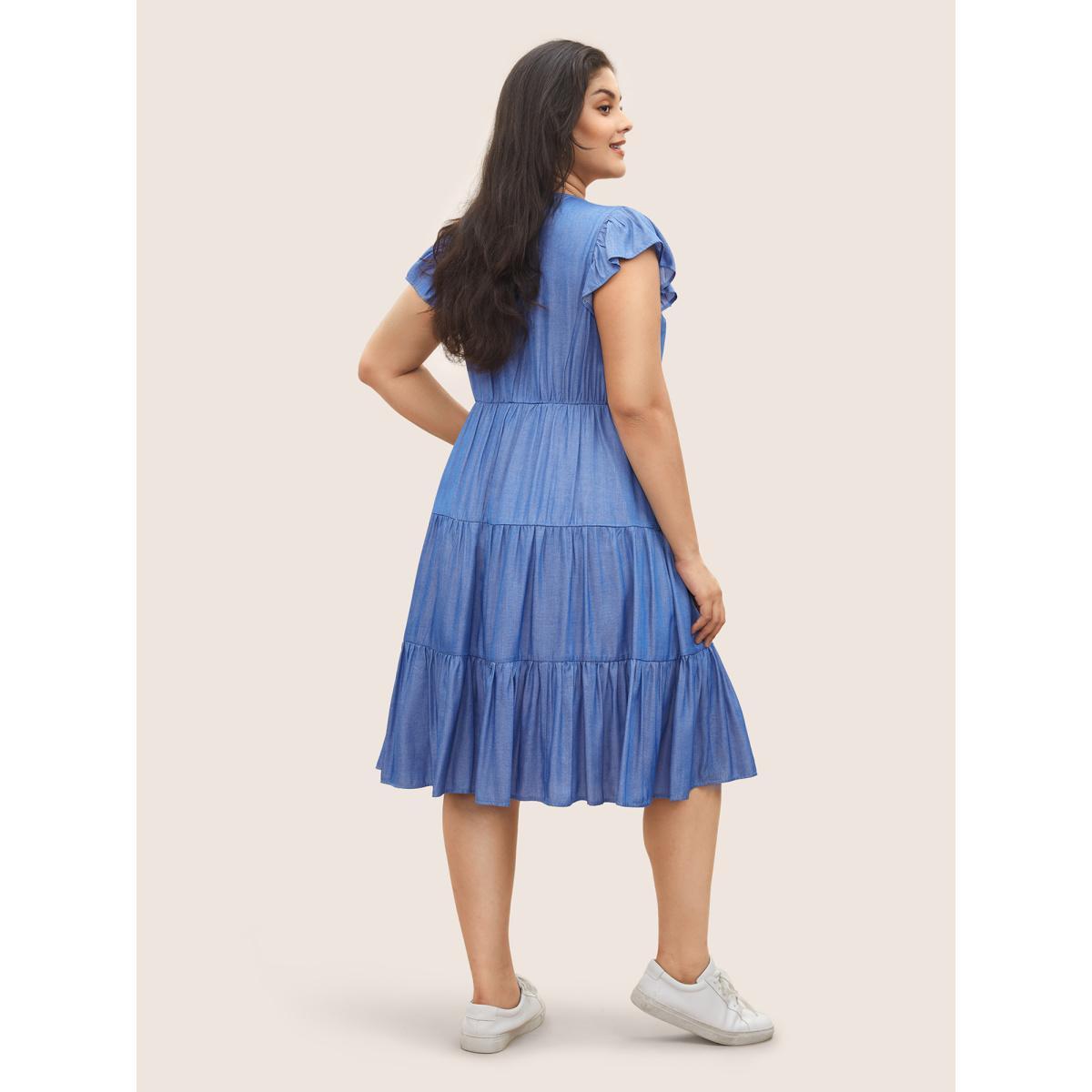 Plus Size Plain Button Detail Layered Hem Ruffle Cap Sleeve Dress Blue Women Casual Non V-neck Cap Sleeve Curvy Midi Dress BloomChic 26/4X Product Image
