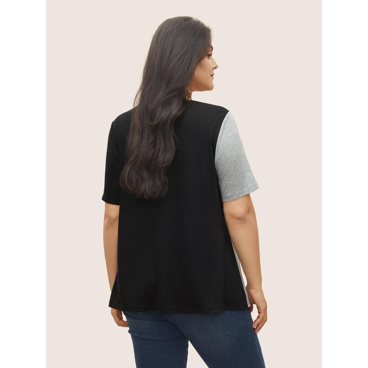 Plus Size Two Tone Button Detail Asymmetrical Neck T-shirt Black Women Casual Contrast Plain Asymmetrical Neck Everyday T-shirts BloomChic 14-16/1X Product Image