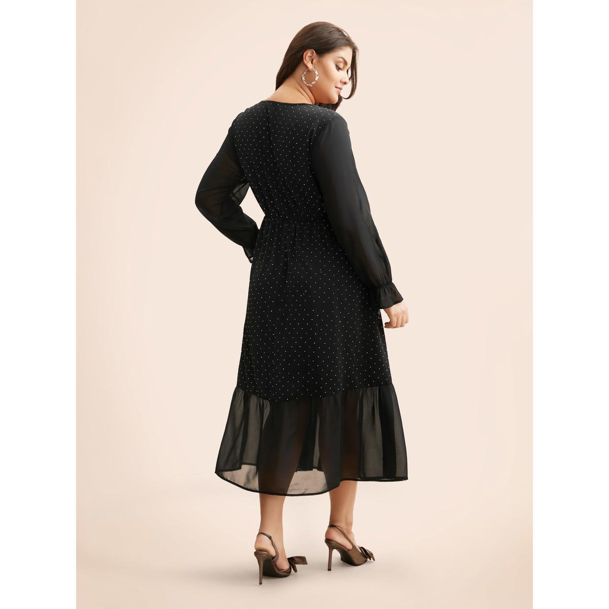 Plus Size V Neck Rhinestone Patchwork Ruffles Dress Pureblack Women Cocktail Rhinestone detailing Party Curvy Bloomchic 26/4X Product Image
