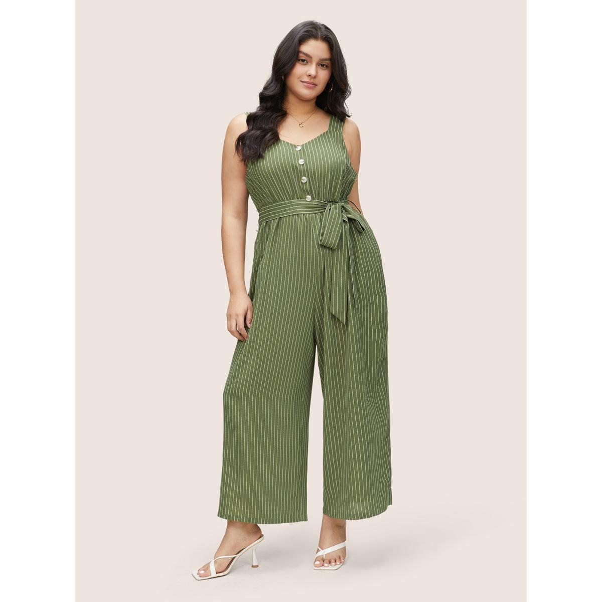 Plus Size Moss Striped Belted Elastic Waist Adjustable Straps Jumpsuit Women Casual Sleeveless Non Everyday Loose Jumpsuits BloomChic 14-16/1X Product Image