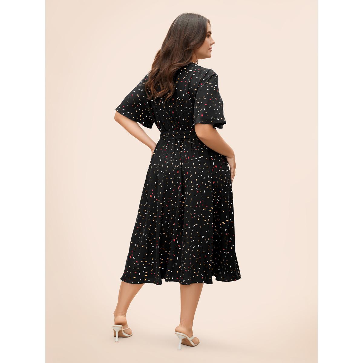 Plus Size Split Neck Confetti Print Midi Dress Black Women Elegant Belted Notched collar Short sleeve Curvy BloomChic 18-20/2X Product Image