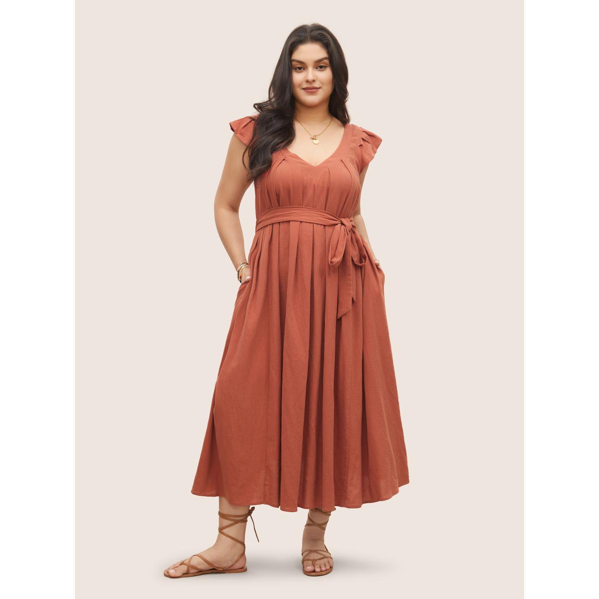 Plus Size Solid Flounce Sleeve Plicated Detail A Line Dress Rust Women Resort Non V-neck Cap Sleeve Curvy BloomChic 18-20/2X Product Image