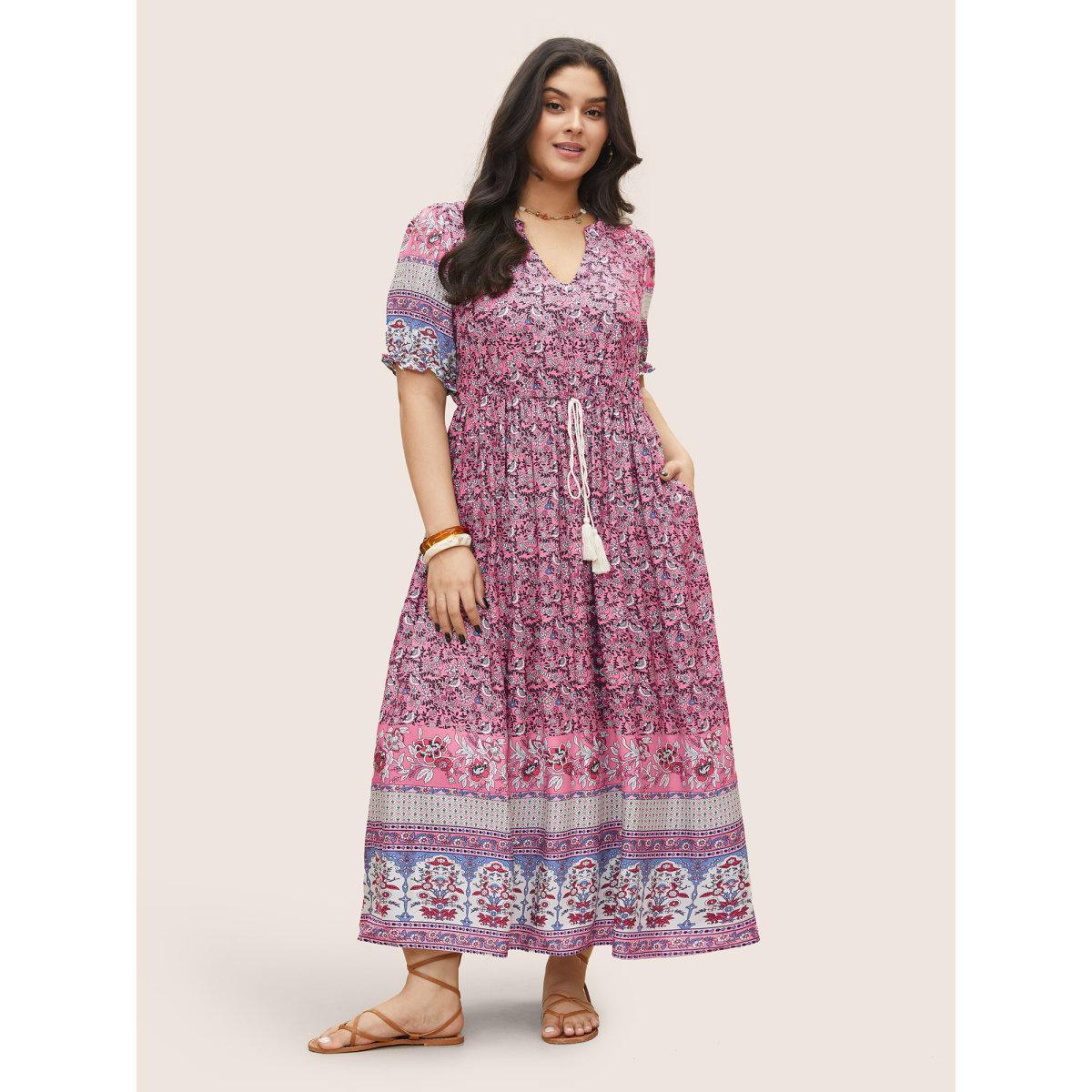 Plus Size Boho Print Notched Ties Tassel Trim Dress Pink Women Resort Non Notched collar Short sleeve Curvy BloomChic 28/5X Product Image