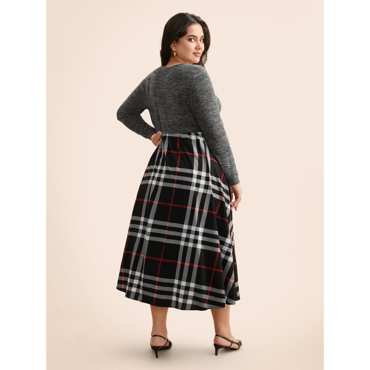 Plus Size Plaid Patchwork Elastic Waist Dress Black Women Casual Patchwork Round Neck Long Sleeve Curvy BloomChic 14-16/1X Product Image