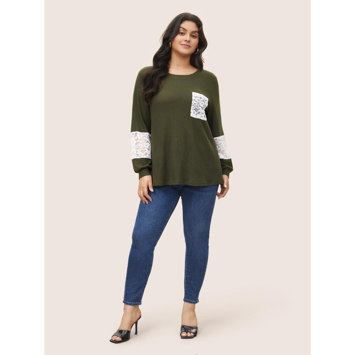 Plus Size Waffle Knit Contrast Lace Patchwork T-shirt ArmyGreen Women Elegant Contrast Plain Round Neck Everyday T-shirts BloomChic 10/M Product Image