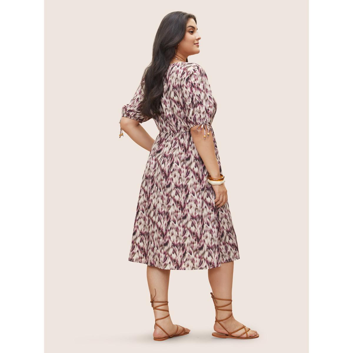 Plus Size Ombre Brush Print Ties Elastic Waist Dress RedViolet Women Elegant Non V-neck Half Sleeve Curvy Midi Dress BloomChic 30/6X Product Image