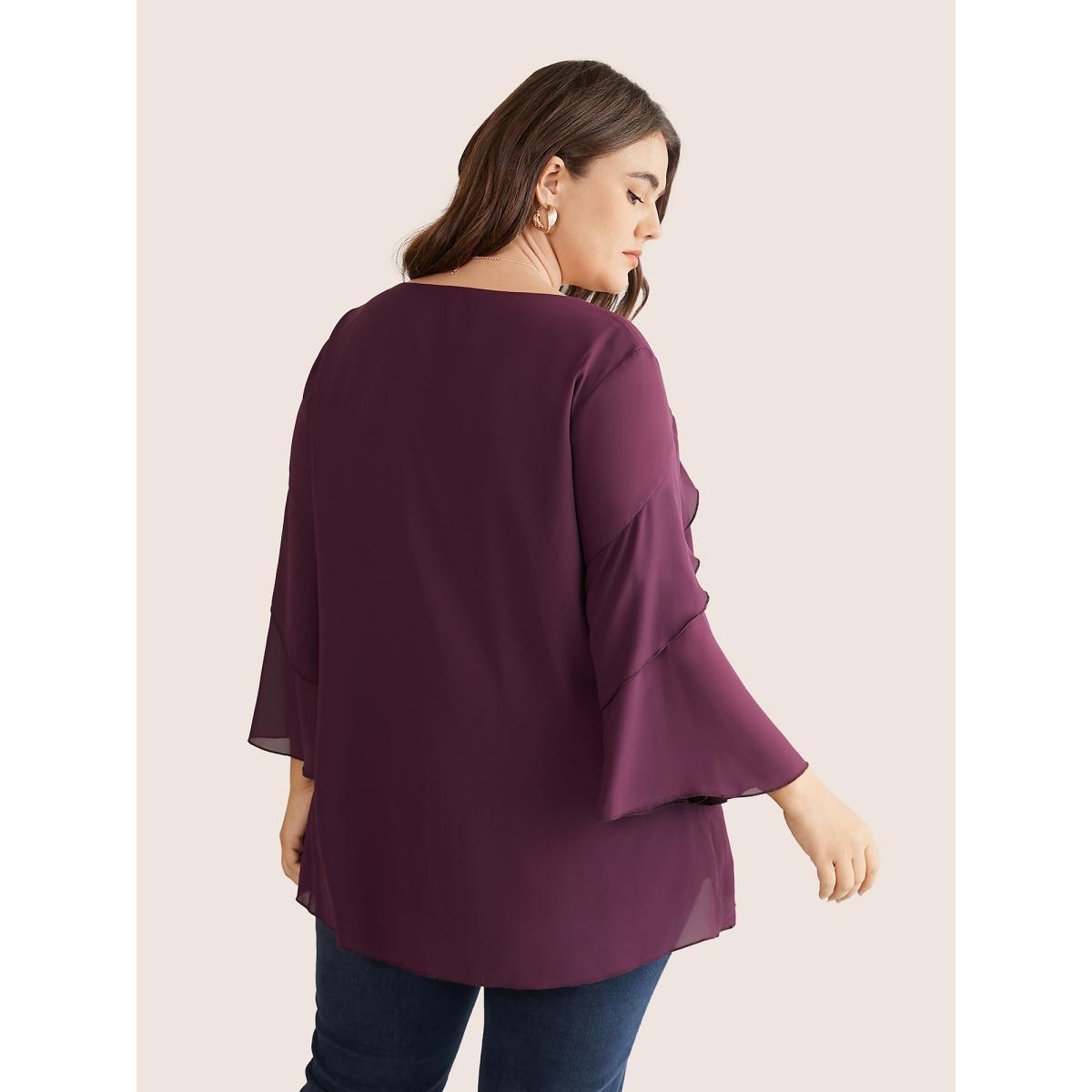 Plus Size Purple Anti-Wrinkle Tiered Flounce Sleeve Chiffon Blouse Women Elegant Elbow-length sleeve V-neck Everyday Blouses BloomChic 28/5X Product Image