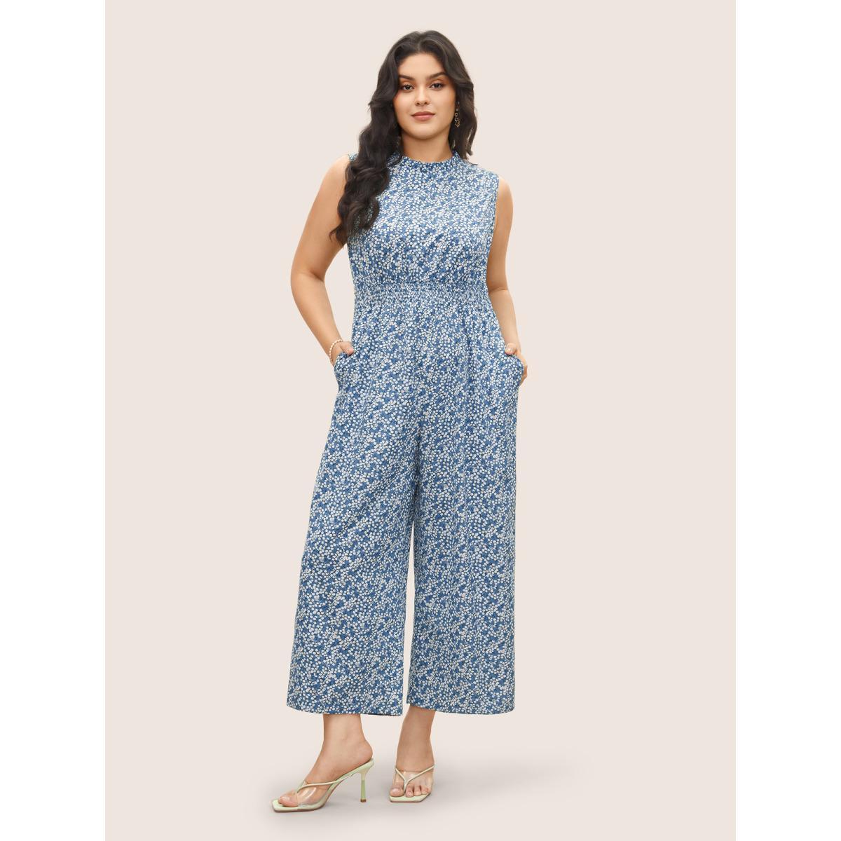 Plus Size Skyblue Ditsy Floral Mock Neck Shirred Jumpsuit Women Elegant Sleeveless Mock Neck Everyday Loose Jumpsuits BloomChic 14-16/1X Product Image