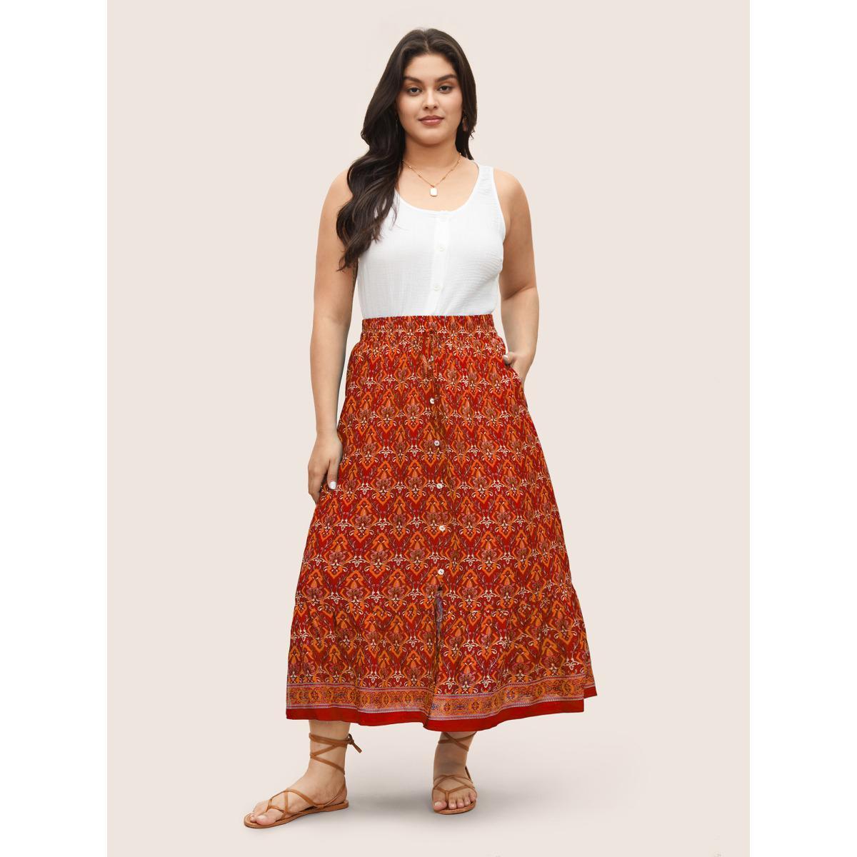 Plus Size Boho Print Elastic Waist Button Detail Skirt Women Crimson Resort Non No stretch Slanted pocket Vacation Skirts BloomChic 26/4X Product Image