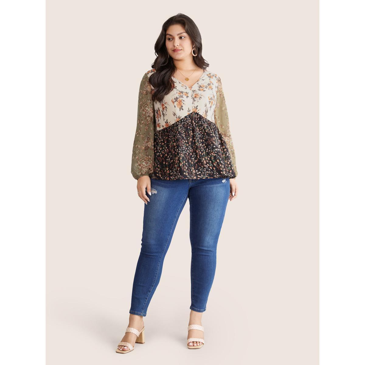 Plus Size Beige Chiffon Contrast Ditsy Floral Patchwork Blouse Women Vacation Long Sleeve V-neck Vacation Blouses BloomChic 22-24/3X Product Image