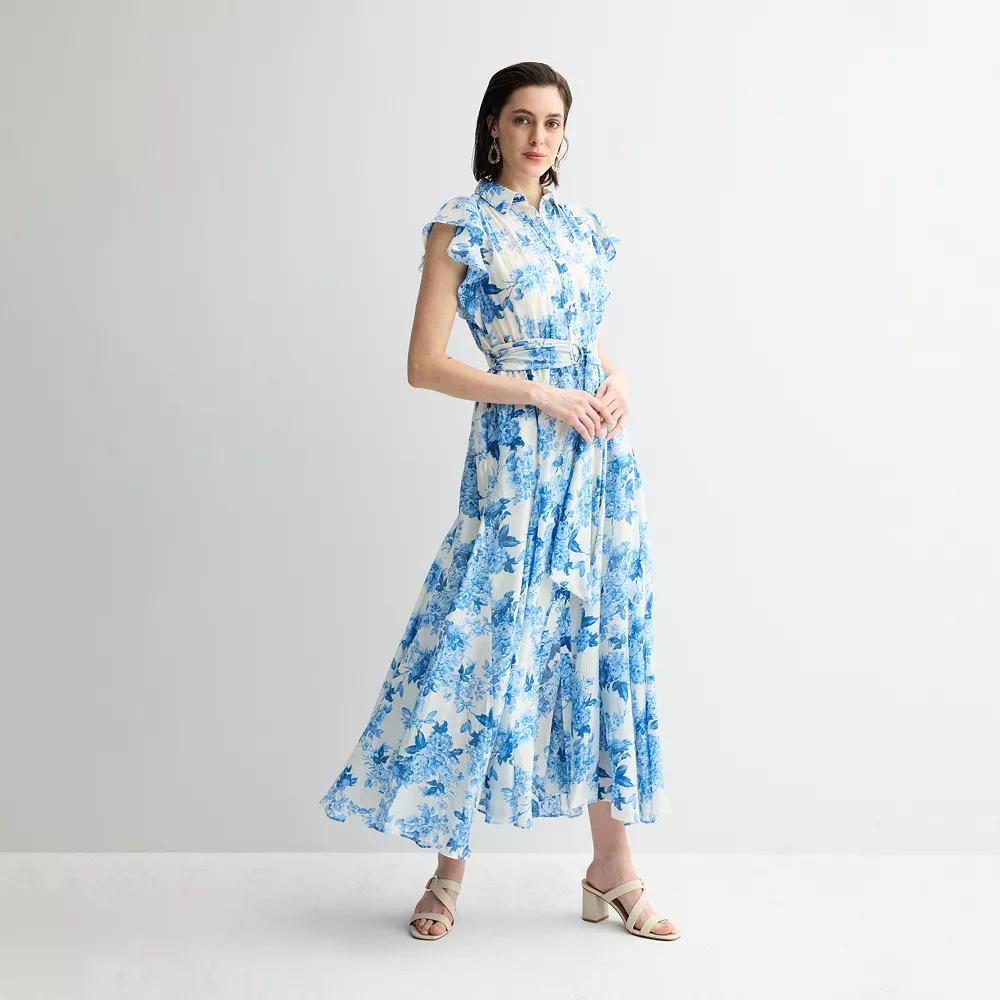 Women's Taylor Flutter Sleeve Tiered Shirt Dress, Size: 16, Blue Floral Product Image