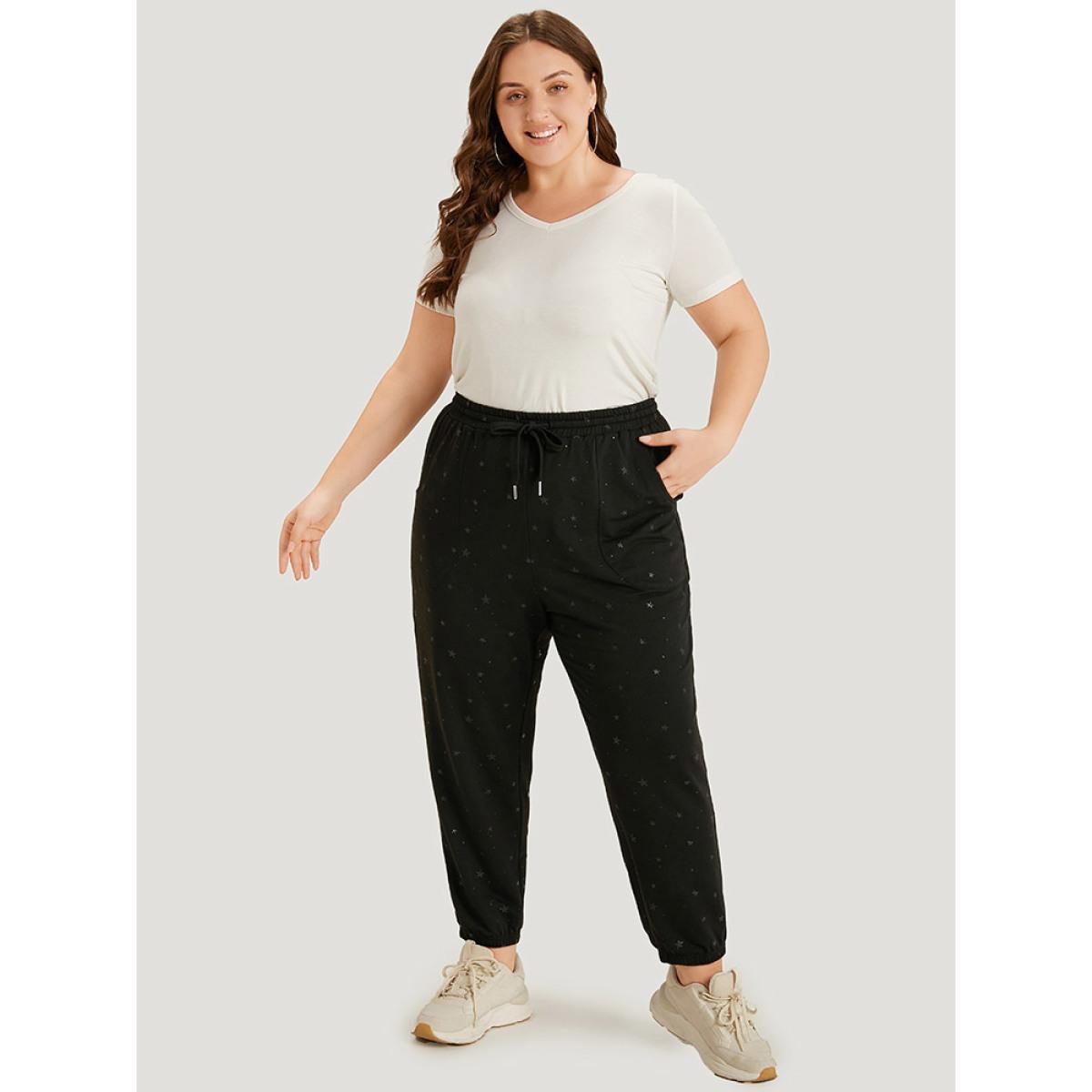 Star Drawstring Slant Pocket Elastic Waist Sweatpants Black Plus Size Women Casual Dailywear Elastic Waist 30/6X Bloomchic Product Image