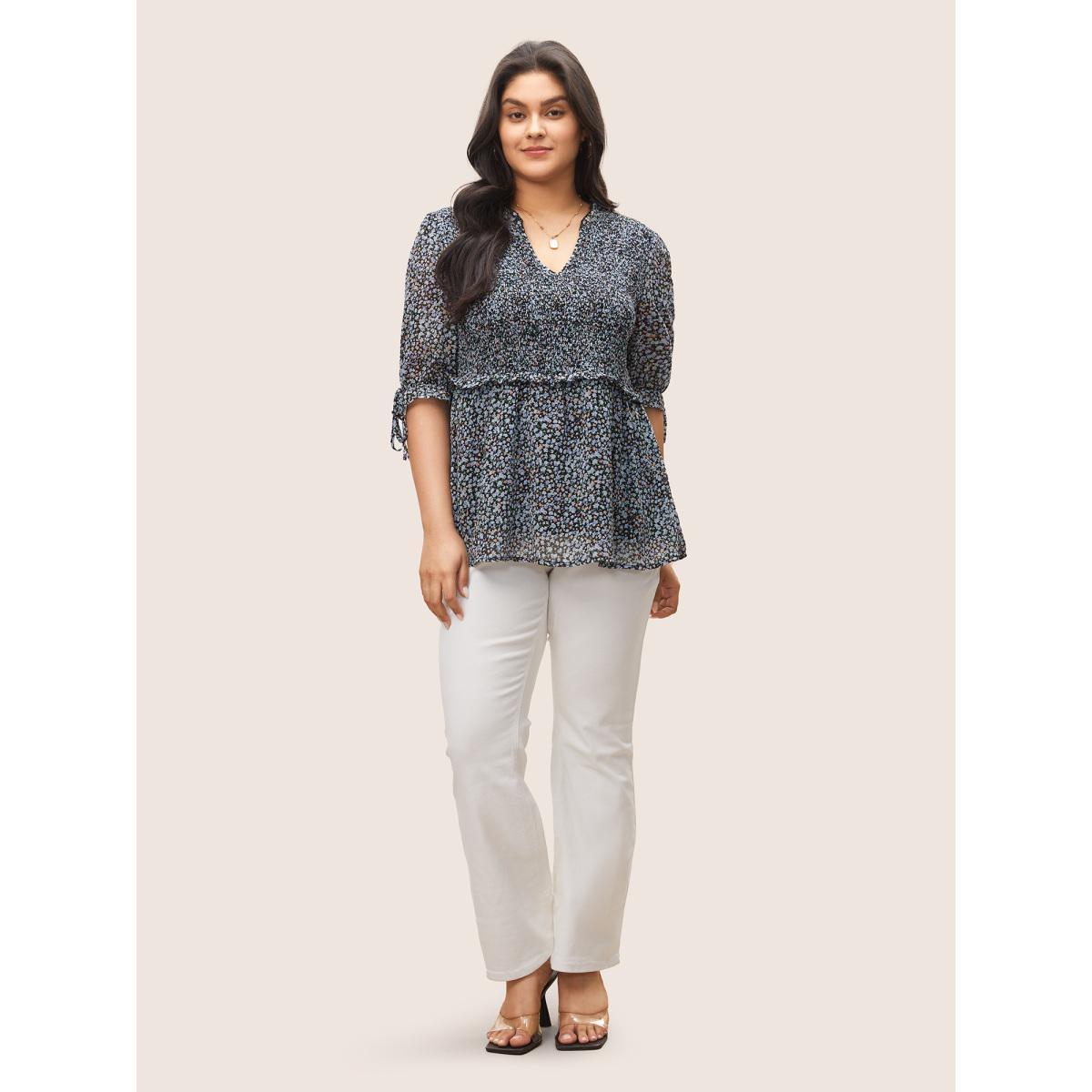 Plus Size Black Chiffon Ditsy Floral Ruffles Shirred Ties Blouse Women Elegant Short sleeve V-neck Everyday Blouses BloomChic 14-16/1X Product Image