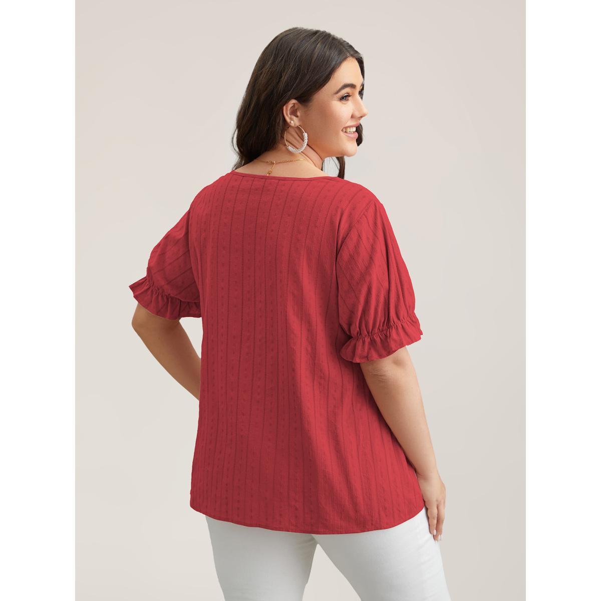 Plus Size Crimson Cotton Square Neck Ruffled Sleeve Shirt Women Elegant Short sleeve Square Neck Everyday Blouses BloomChic 30/6X Product Image