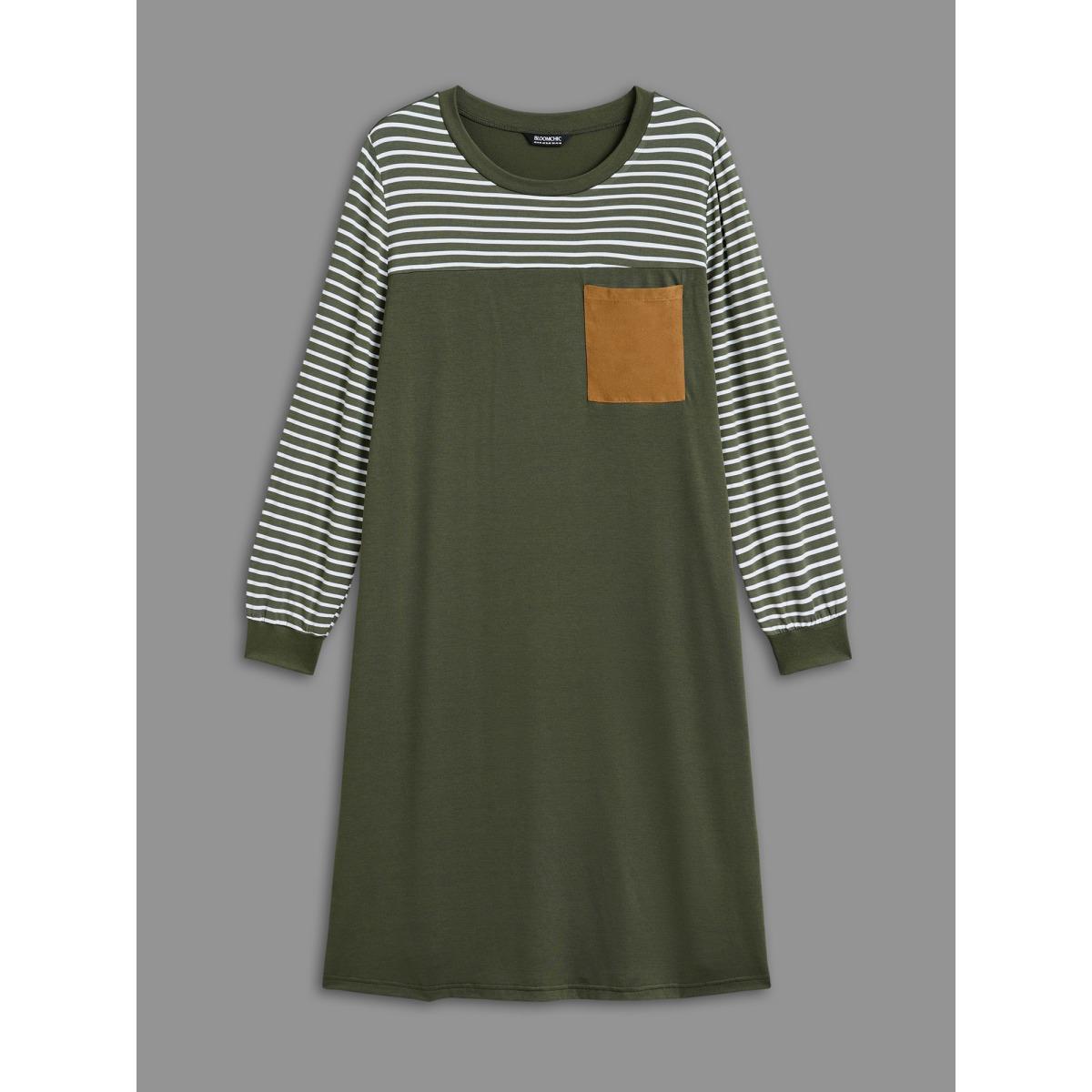 Plus Size Solid and Striped Flared Midi Dress ArmyGreen Women Casual Patchwork Knit Dresses Bloomchic 26/4X Product Image