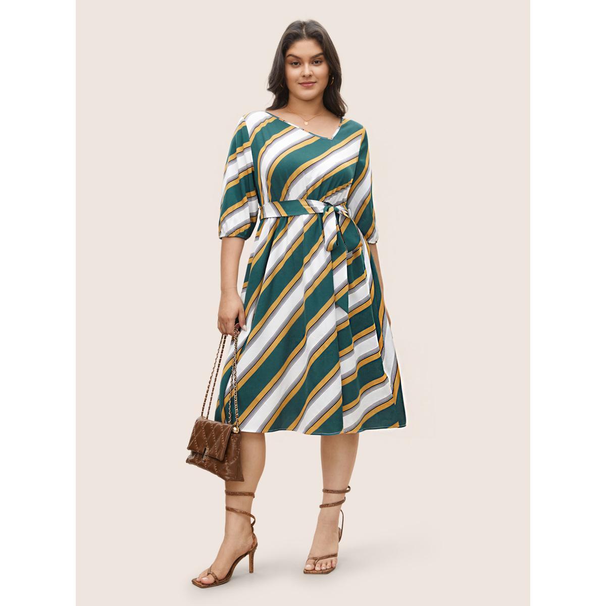 Plus Size Striped Contrast Asymmetrical Neck Belted Dress Cyan Women At the Office Non Asymmetrical Neck Elbow-length sleeve Curvy Midi Dress BloomChic 26/4X Product Image