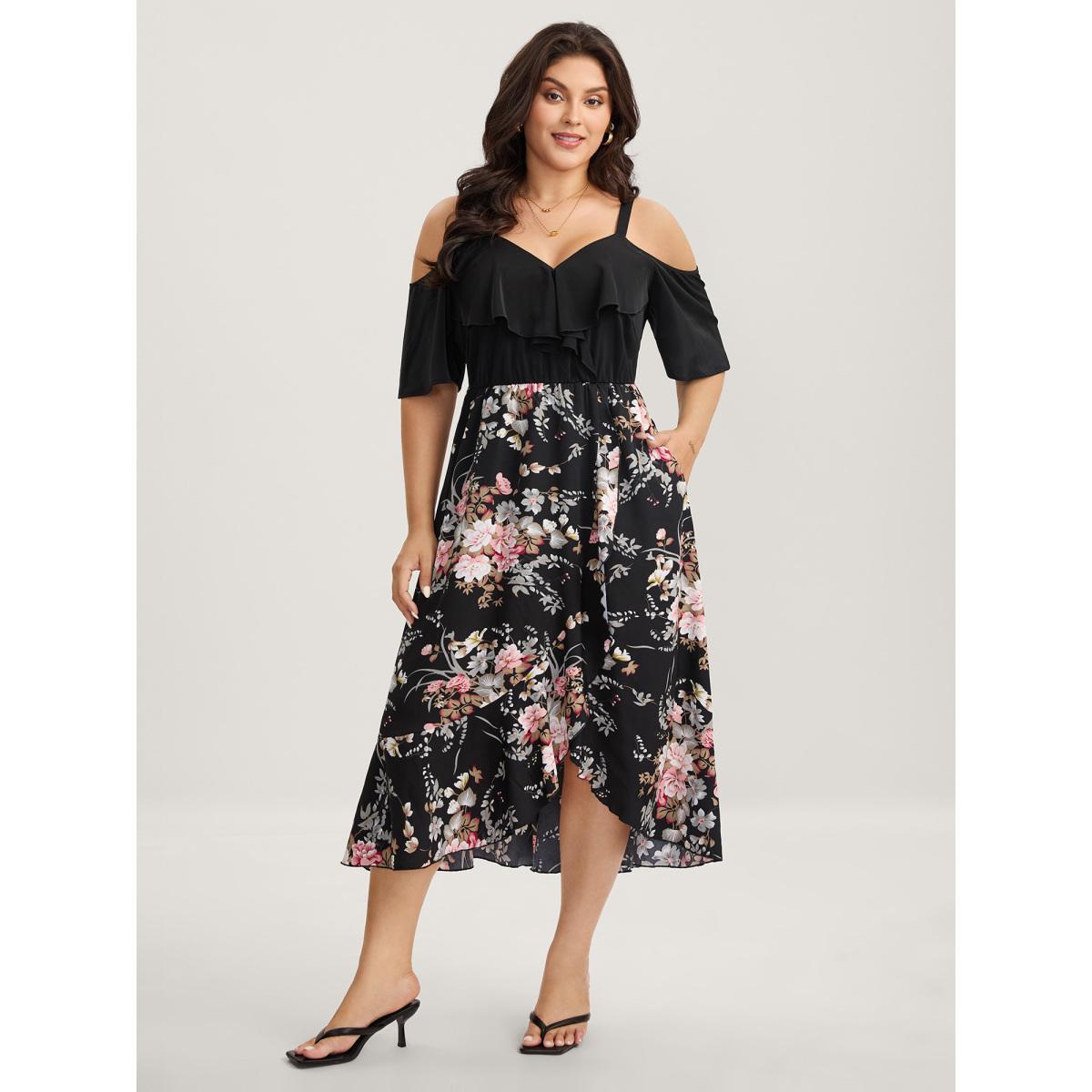 Plus Size Floral Print Overlap Hem Ruffled Midi Dress Black Women One-shoulder neck Short sleeve Curvy BloomChic 10/M Product Image