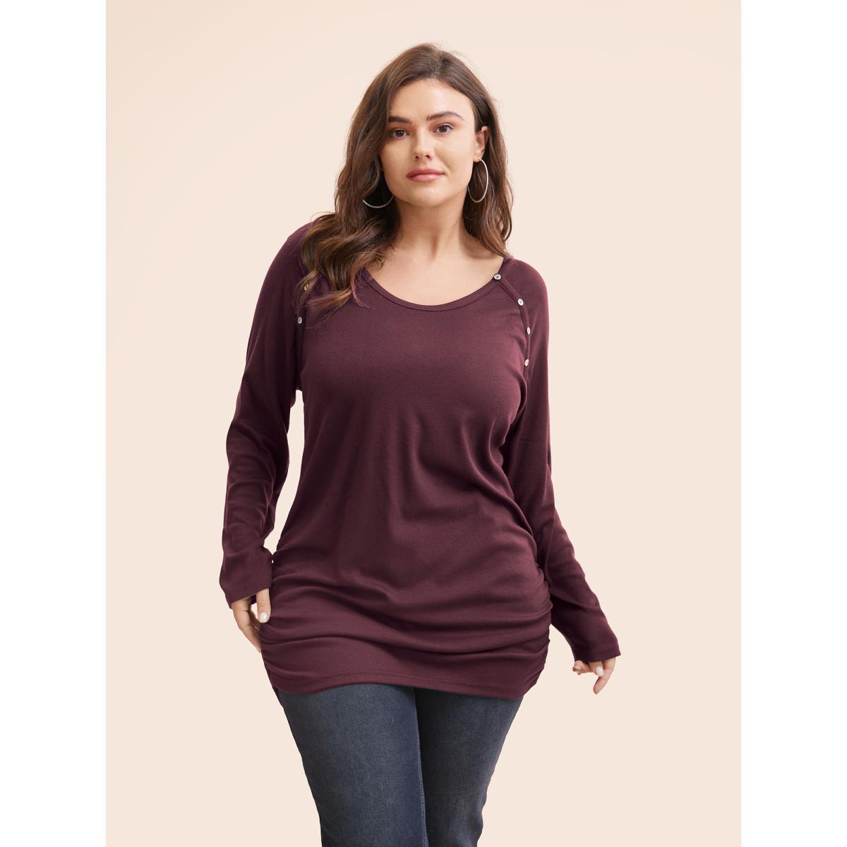 Plus Size Plain Gathered Button Detail T-shirt Indigo Women Casual Gathered Plain Round Neck Dailywear T-shirts BloomChic 22-24/3X Product Image