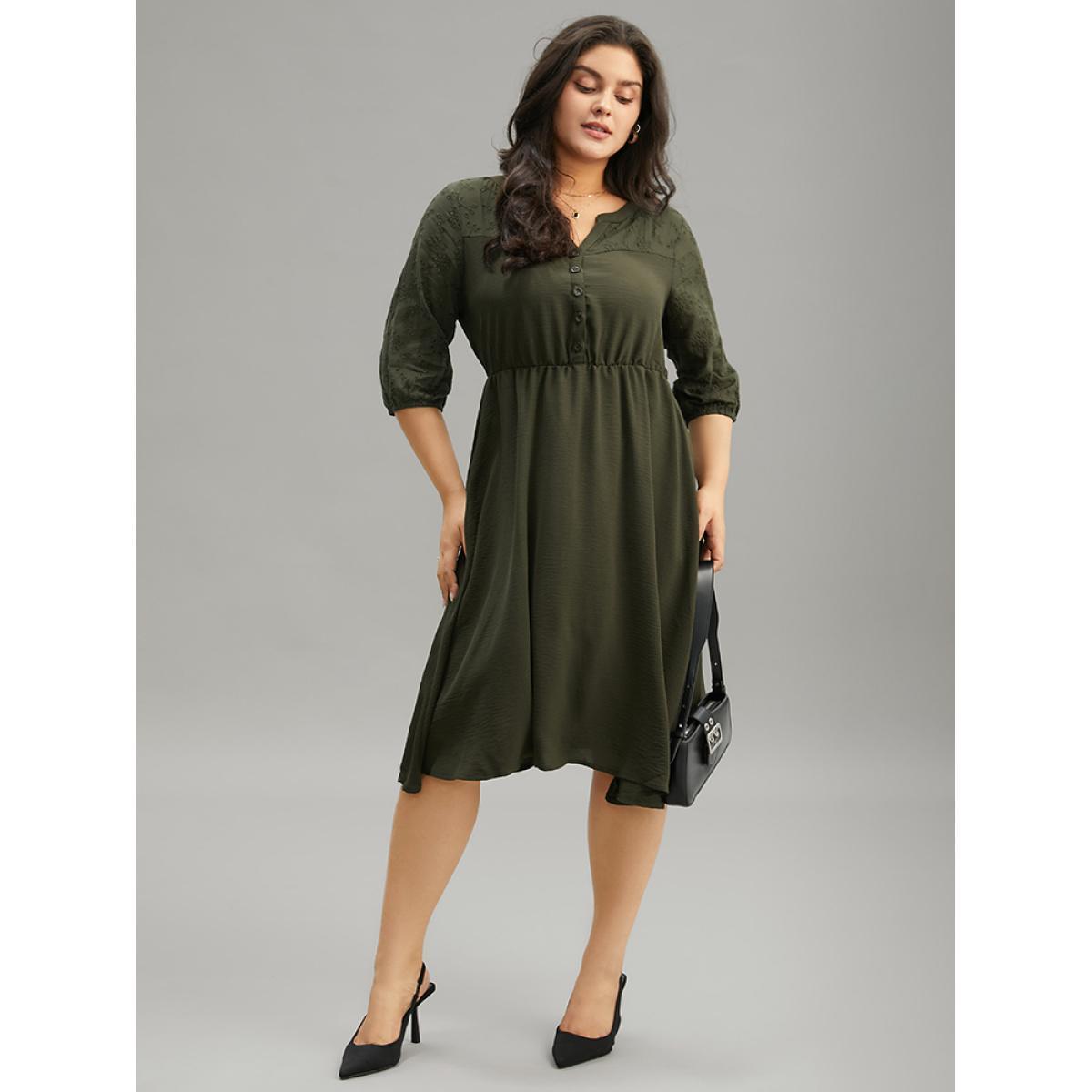 Plus Size Solid Notched Eyelet Patchwork Dress ArmyGreen Women Office Elastic cuffs Notched collar Elbow-length sleeve Curvy Midi Dress BloomChic 28/5X Product Image