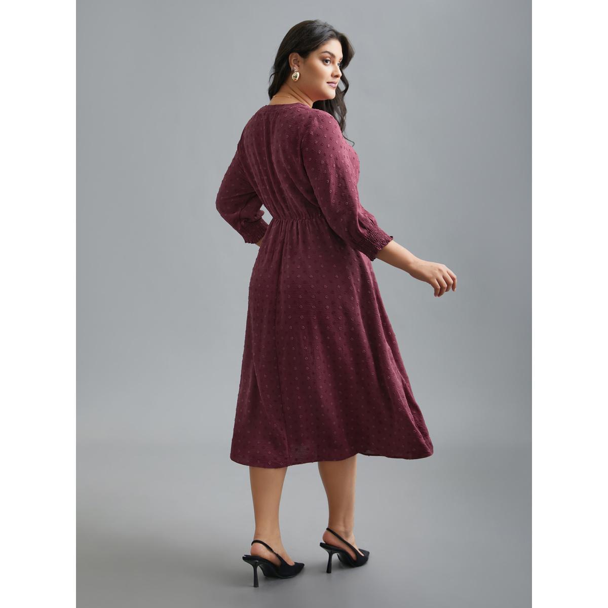 Plus Size Notched Collar Textured Smocked Cuffs Dress Plum Women At the Office Tucked seam Notched collar Elbow-length sleeve Curvy BloomChic 10/M Product Image