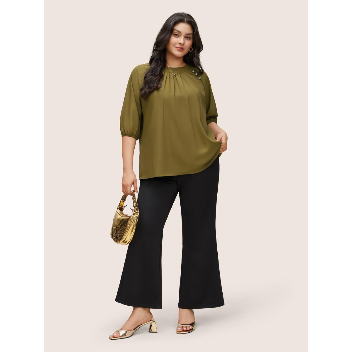 Plus Size ArmyGreen Static-Free Plain Gathered Button Detail Blouse Women At the Office Elbow-length sleeve Round Neck Work Blouses BloomChic 12/L Product Image