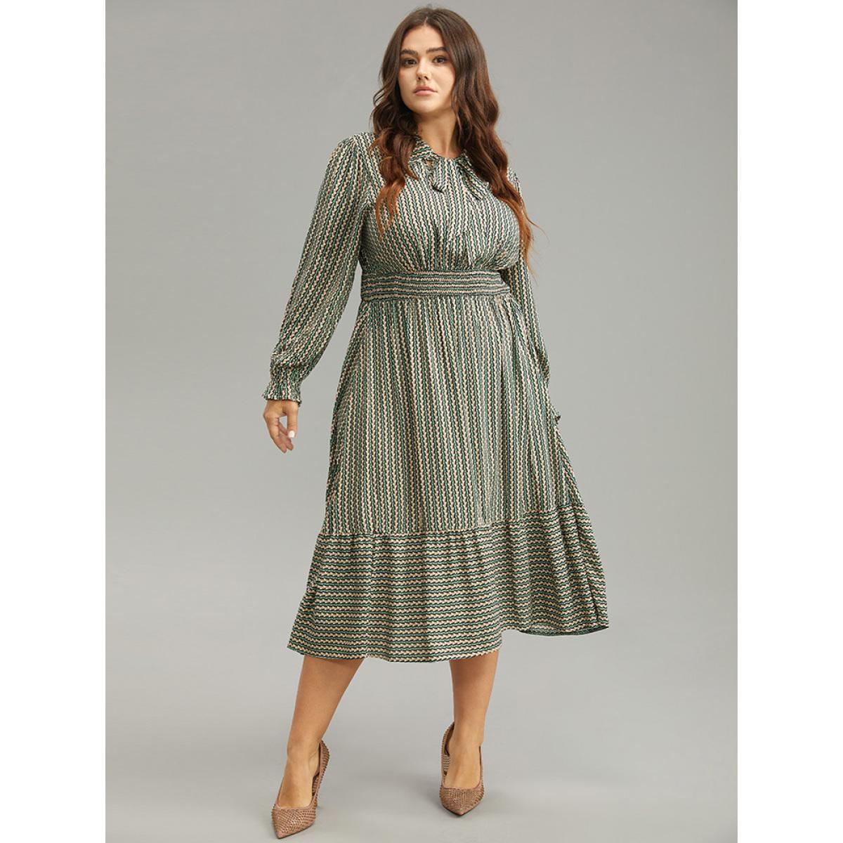 Plus Size Striped Geometric Bowknot Keyhole Shirred Dress Mint Women Work From Home Cross straps Shirt collar Long Sleeve Curvy Midi Dress BloomChic 22-24/3X Product Image