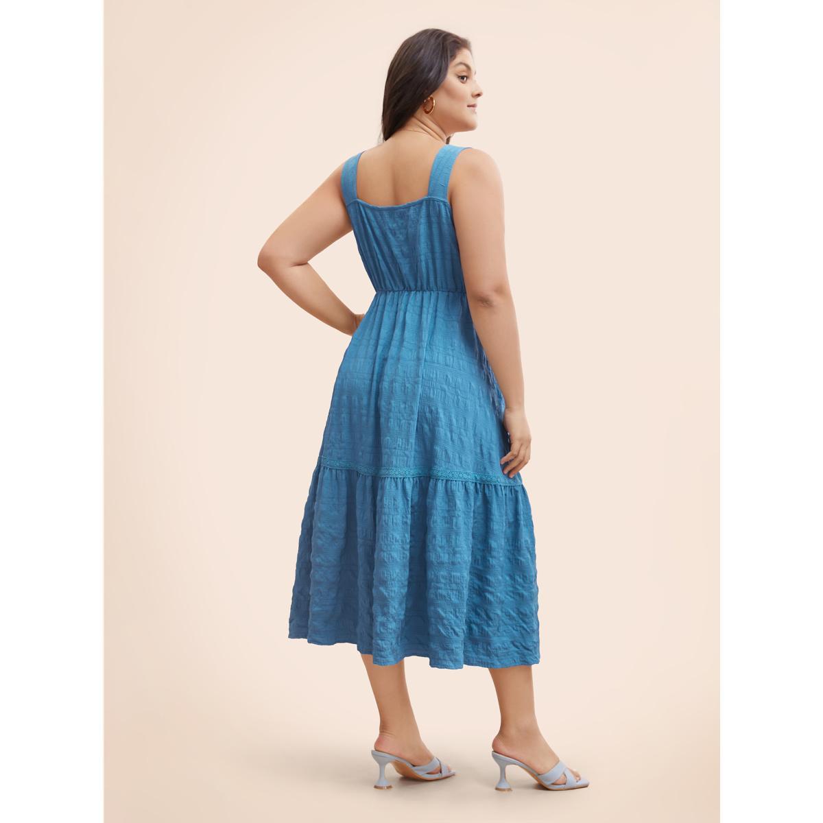 Plus Size Textured Button Detail Ruffle Layered Hem Dress Mediumblue Women Elegant Woven ribbon&lace trim Square Neck Sleeveless Curvy BloomChic 30/6X Product Image