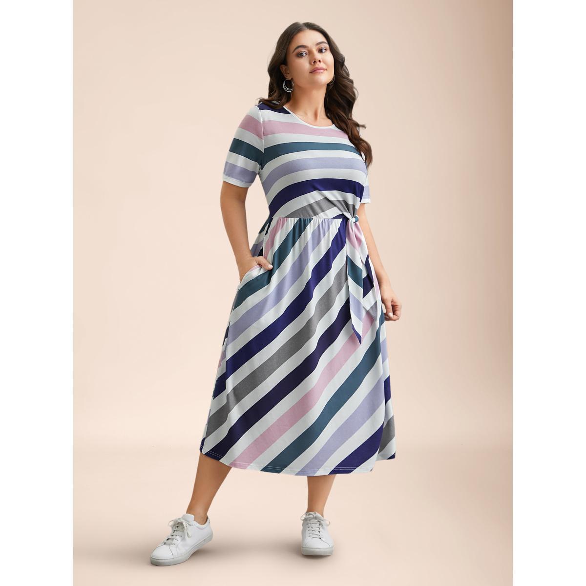Plus Size Striped Waist-Tie Half Sleeve Midi Dress Multicolor Women Casual Tie knot Knit Dresses Bloomchic 18-20/2X Product Image