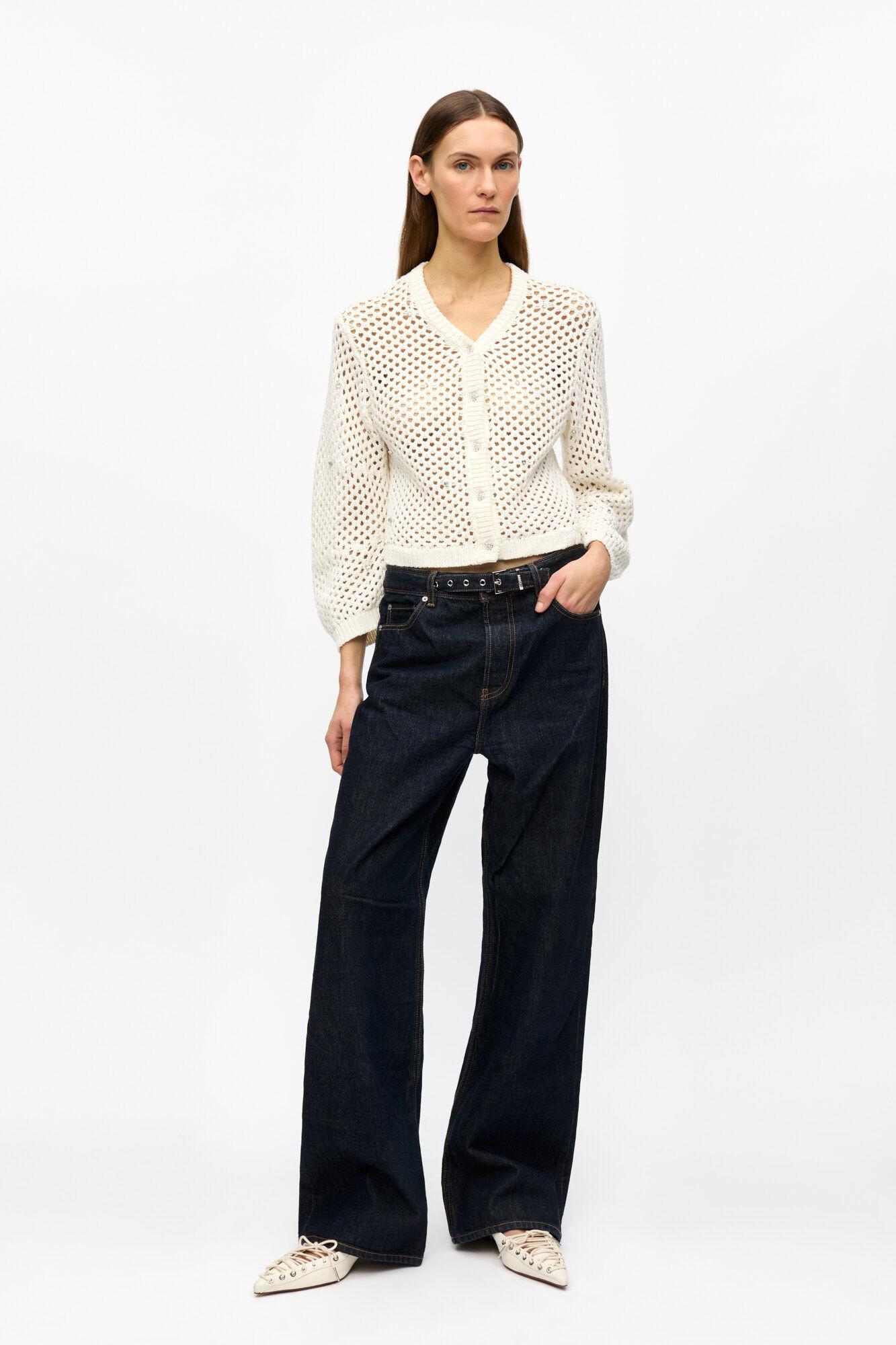 Ivory Rhinestone Cotton Pointelle Cardigan Product Image