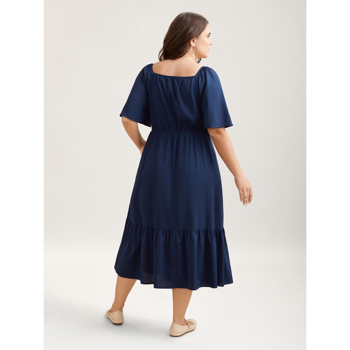 Plus Size Textured Stretchy Waist Milkmaid Style Midi Dress Indigo Women Casual Woven ribbon&lace trim Heart neckline Short sleeve Curvy BloomChic 18-20/2X Product Image