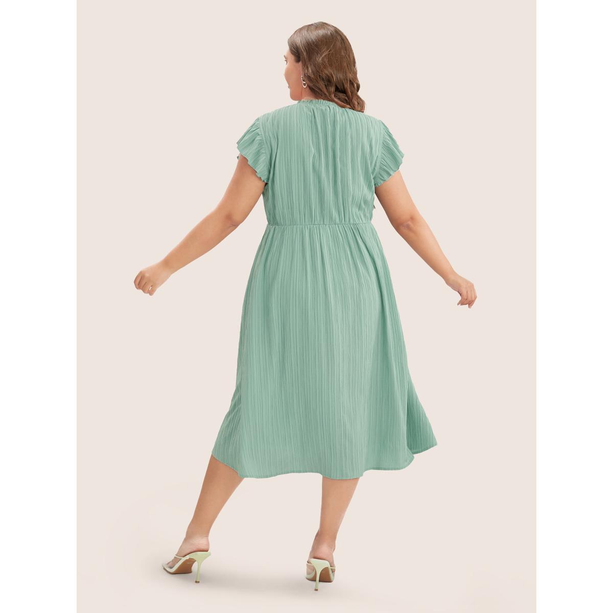 Plus Size Plain Cap Sleeve Ruffles Trim Mock Neck Pocket Dress Mint Women Elegant Pocket Round Neck Short sleeve Curvy Midi Dress BloomChic 14-16/1X Product Image