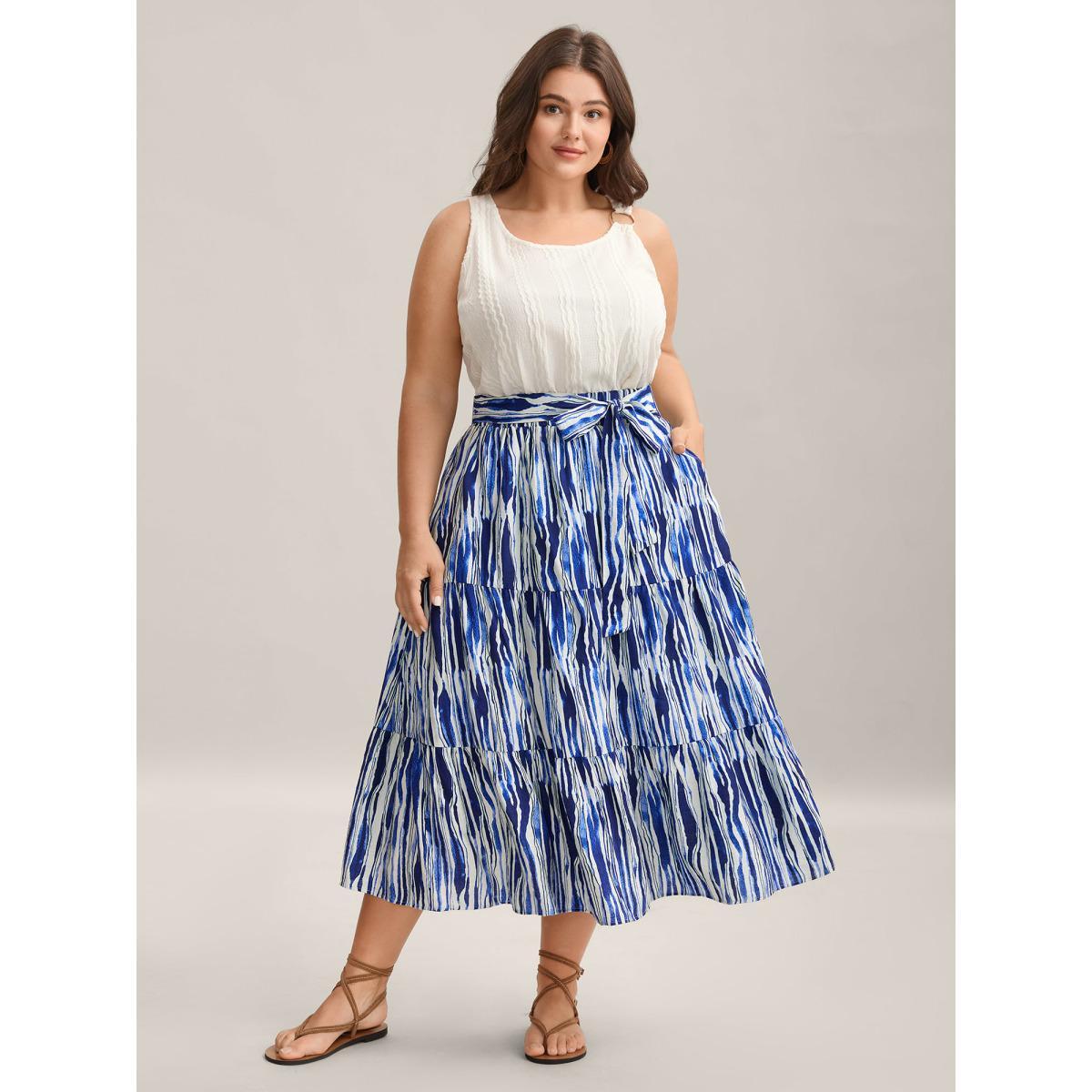 Plus Size Nautical Stripes Belted Tiered Maxi Skirt Women Navy Loose No stretch Side seam pocket Belt Vacation Skirts BloomChic 18-20/2X Product Image