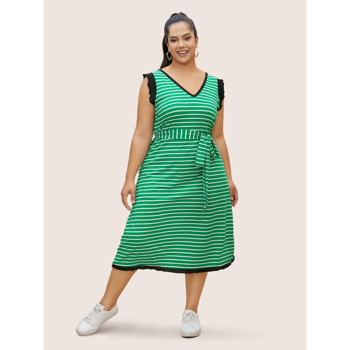 Plus Size Striped Contrast Trim Belted Tank Dress Malachitegreen Women Casual Belted V-neck Sleeveless Curvy BloomChic 14-16/1X Product Image