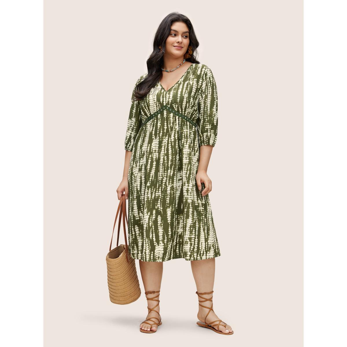 Plus Size Tie Dye Elastic Waist Patchwork Metal Detail Dress ArmyGreen Women Resort Non V-neck Elbow-length sleeve Curvy Midi Dress BloomChic 18-20/2X Product Image