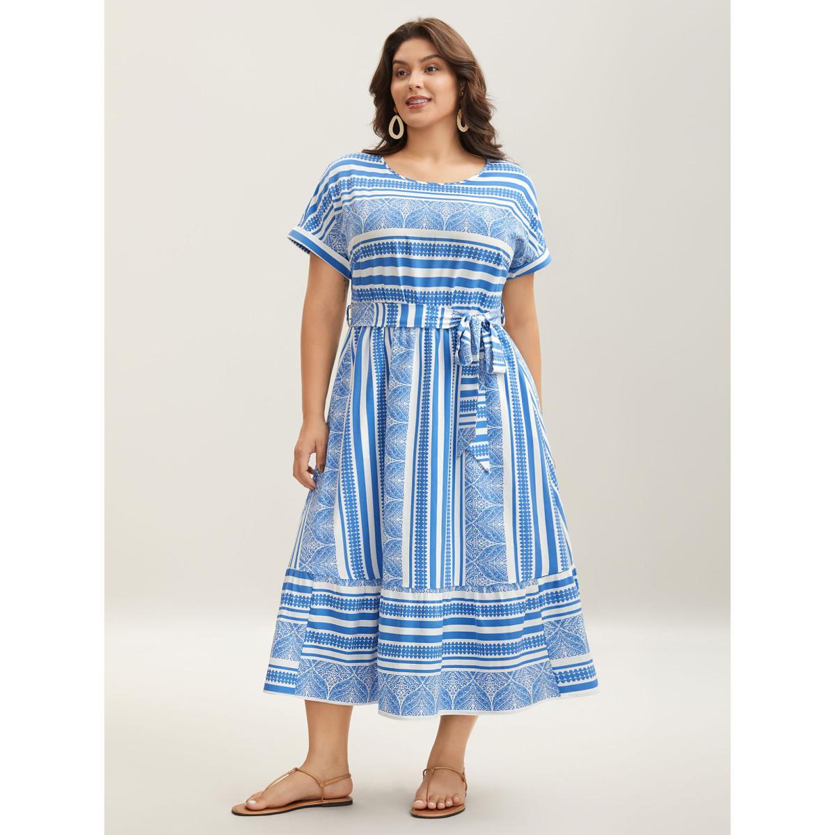 Plus Size Nautical Stripes Belted Pockets Maxi Dress Skyblue Women Round Neck Cap Sleeve Curvy BloomChic 18-20/2X Product Image
